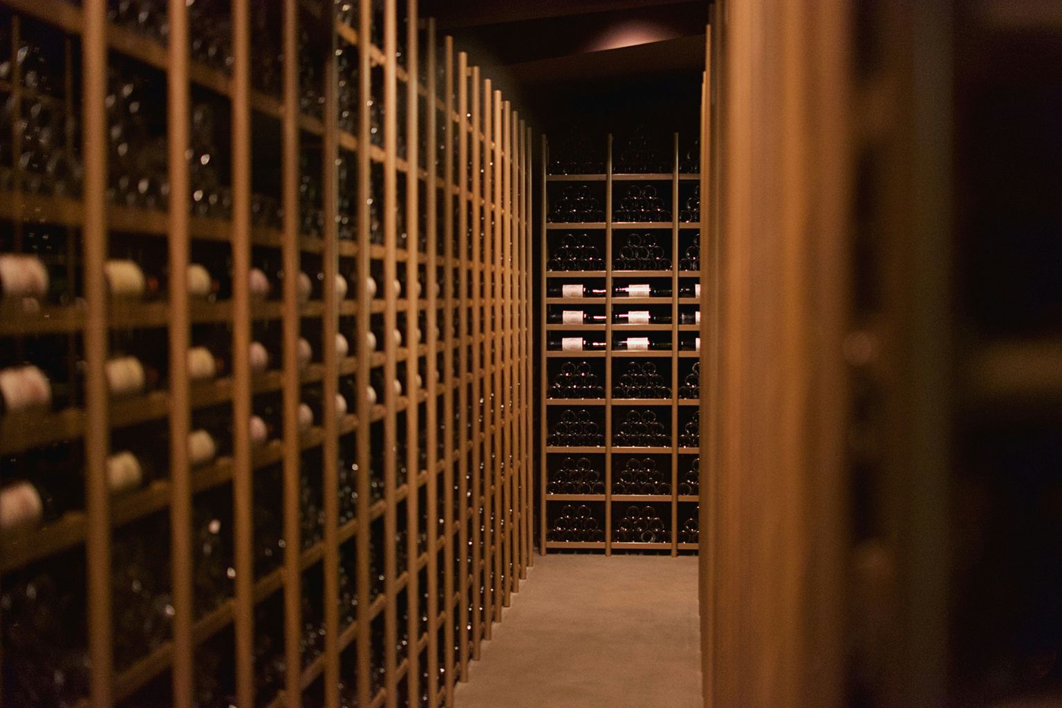 Großer Weinlagerraum mit vollen Regalen voller Weinflaschen in dunkler Atmosphäre.